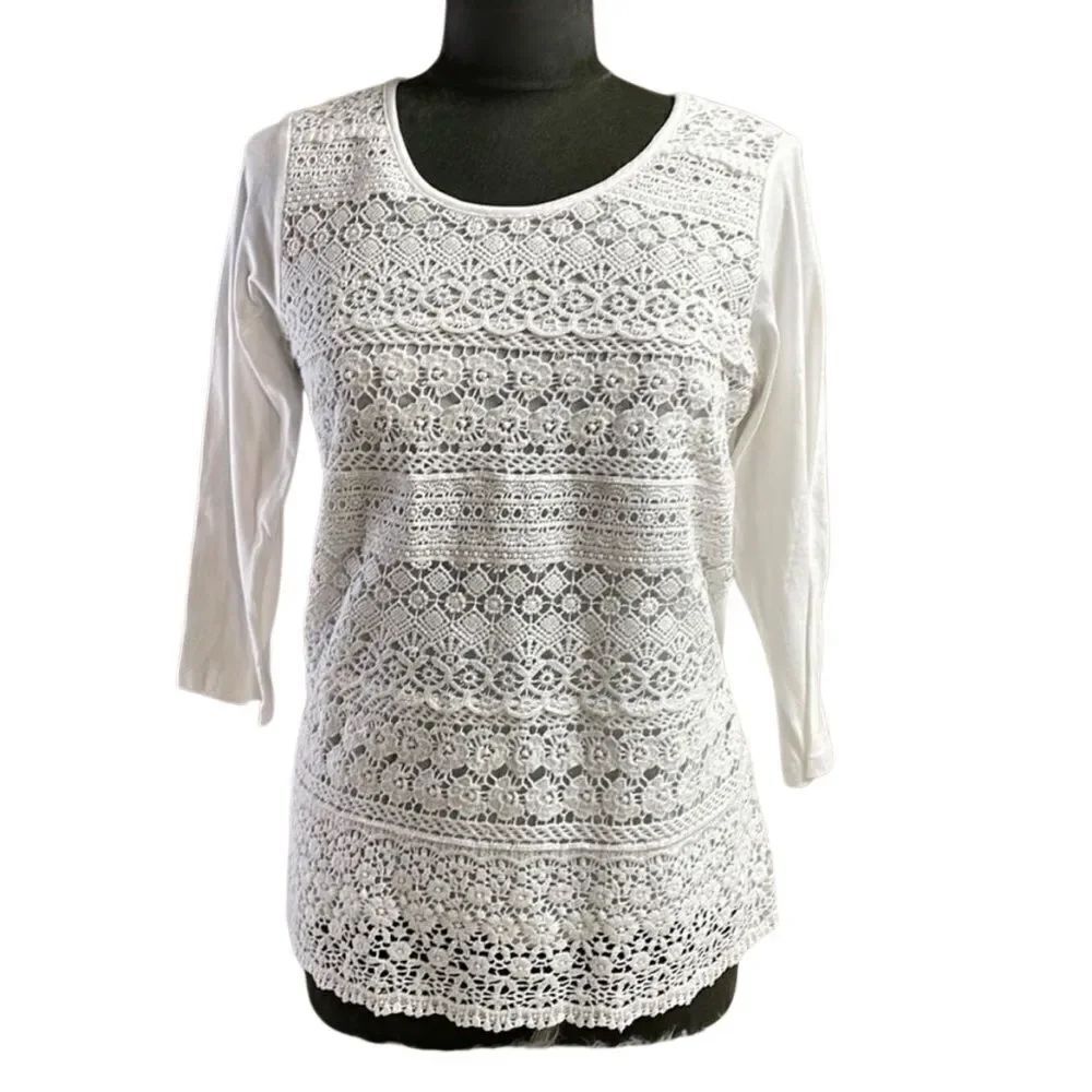 Coral Bay Womens White Eyelet Lace 3/4 Sleeve Top Size Small White